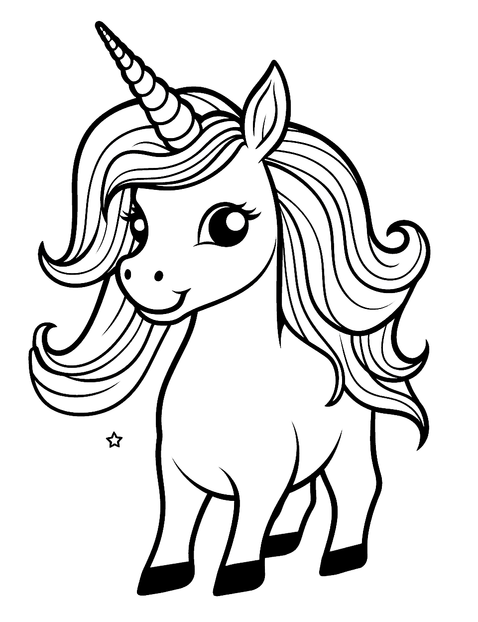 Regal Unicorn Coloring Page - A unicorn design with exaggerated features and a bright, rainbow mane.
