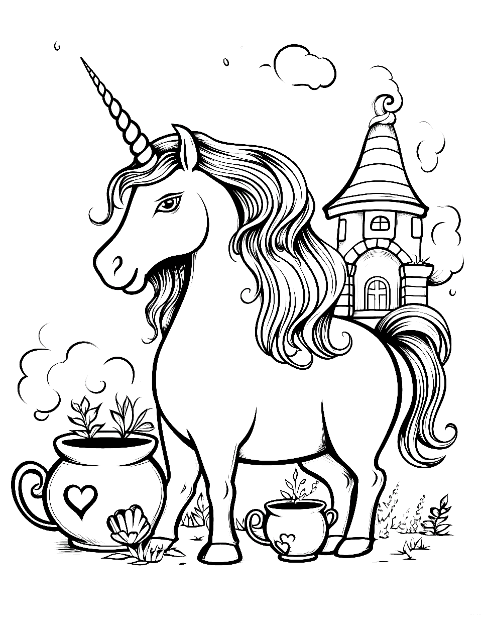 Unicorn and Castle Shaped House Coloring Page - A whimsical scene of a unicorn visiting a castle-shaped house, surrounded by teacup and teapot-shaped items.