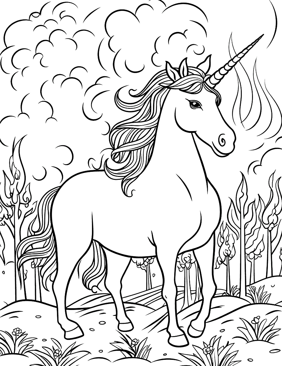 Unicorn in a Forest Fire Coloring Page - A brave unicorn escaping from a forest fire.