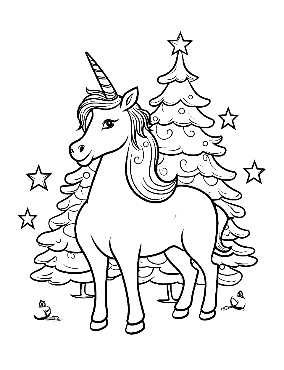 Unicorn and Christmas Tree Coloring Page - A unicorn with a beautiful Christmas tree.