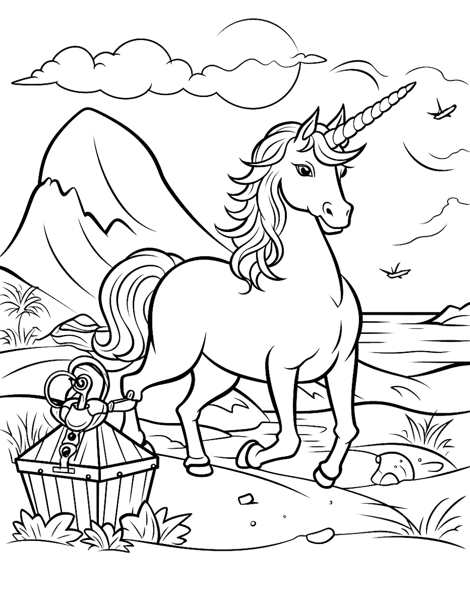 Unicorn and Pirate Treasure Coloring Page - A unicorn on a treasure hunt with a treasure chest and an island.