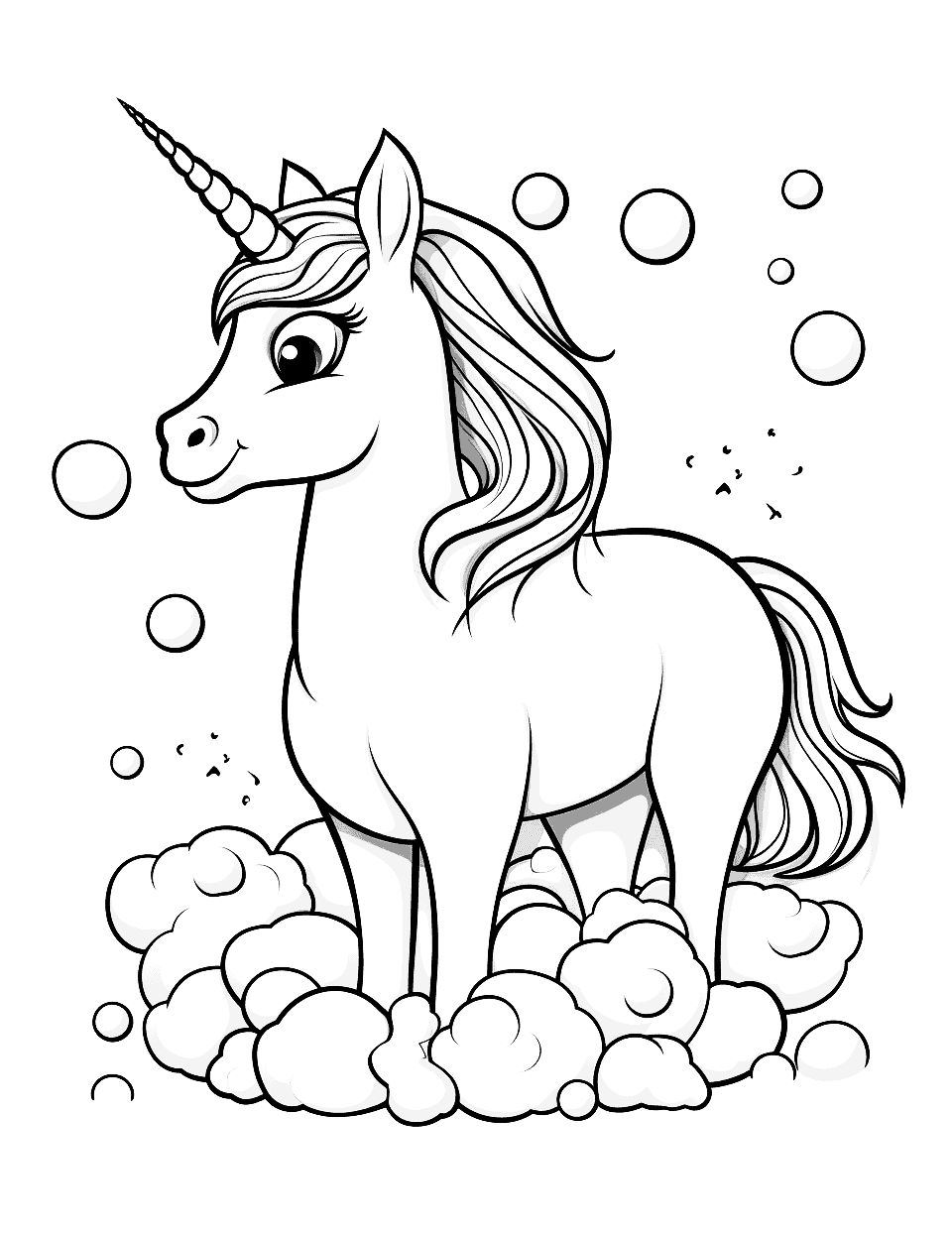 Unicorn Having a Bubble Bath Coloring Page - A unicorn enjoying a bubble bath with lots of bubbles.