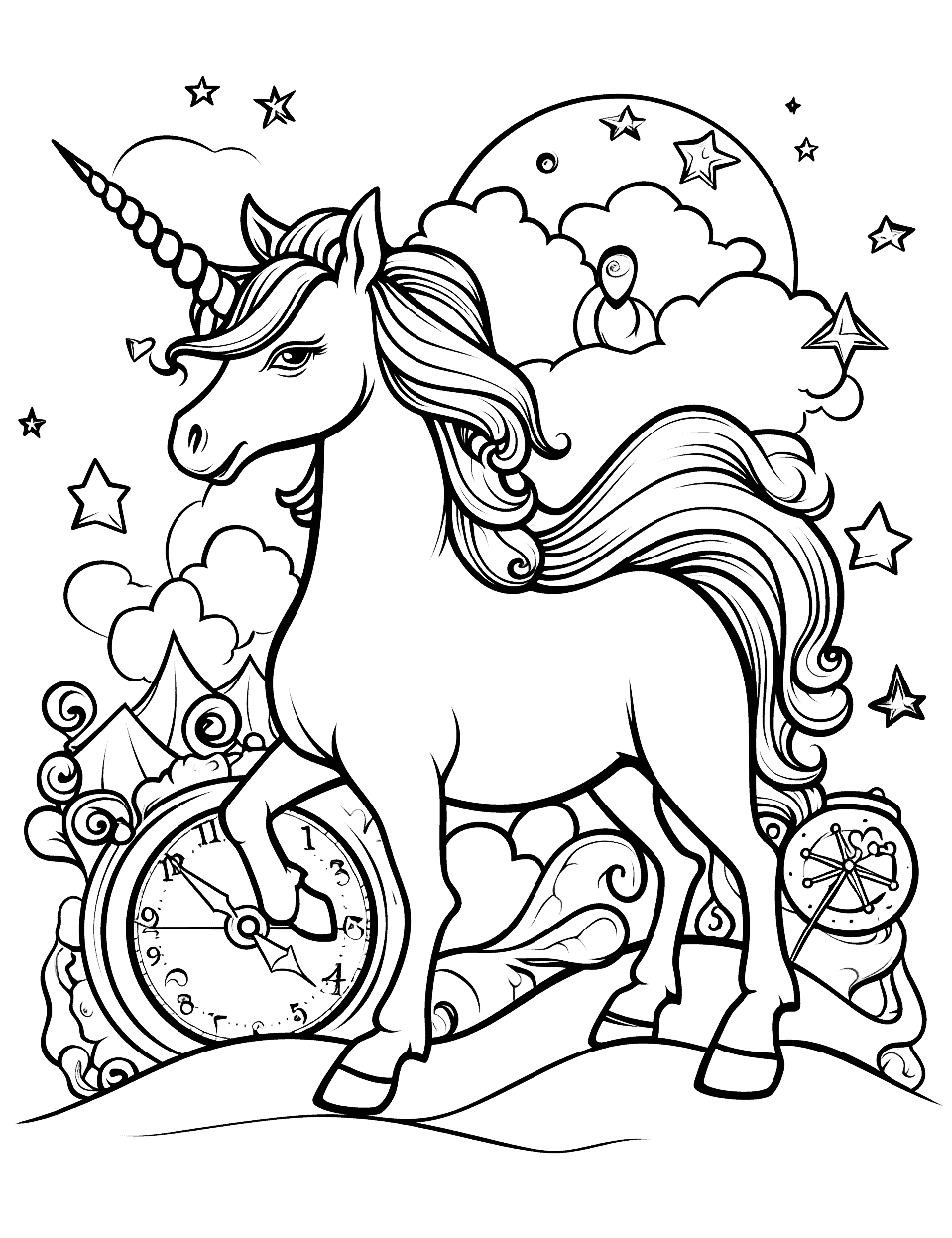 Unicorn With a Time Machine Coloring Page - A unicorn in a time machine, with clocks, gears, and a futuristic or past scenery appearing in the background.