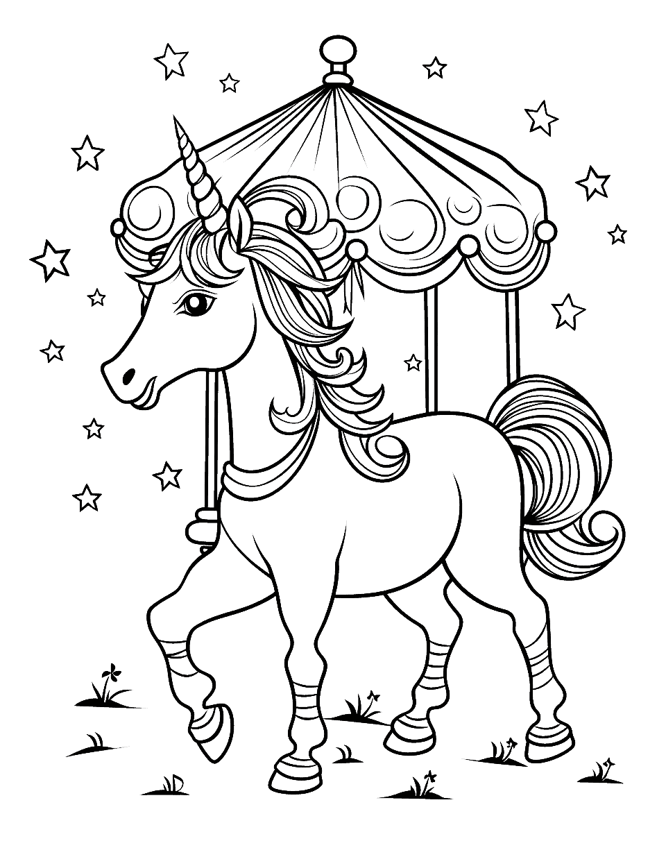 Unicorn Carousel Coloring Page - A unicorn on a merry-go-round.