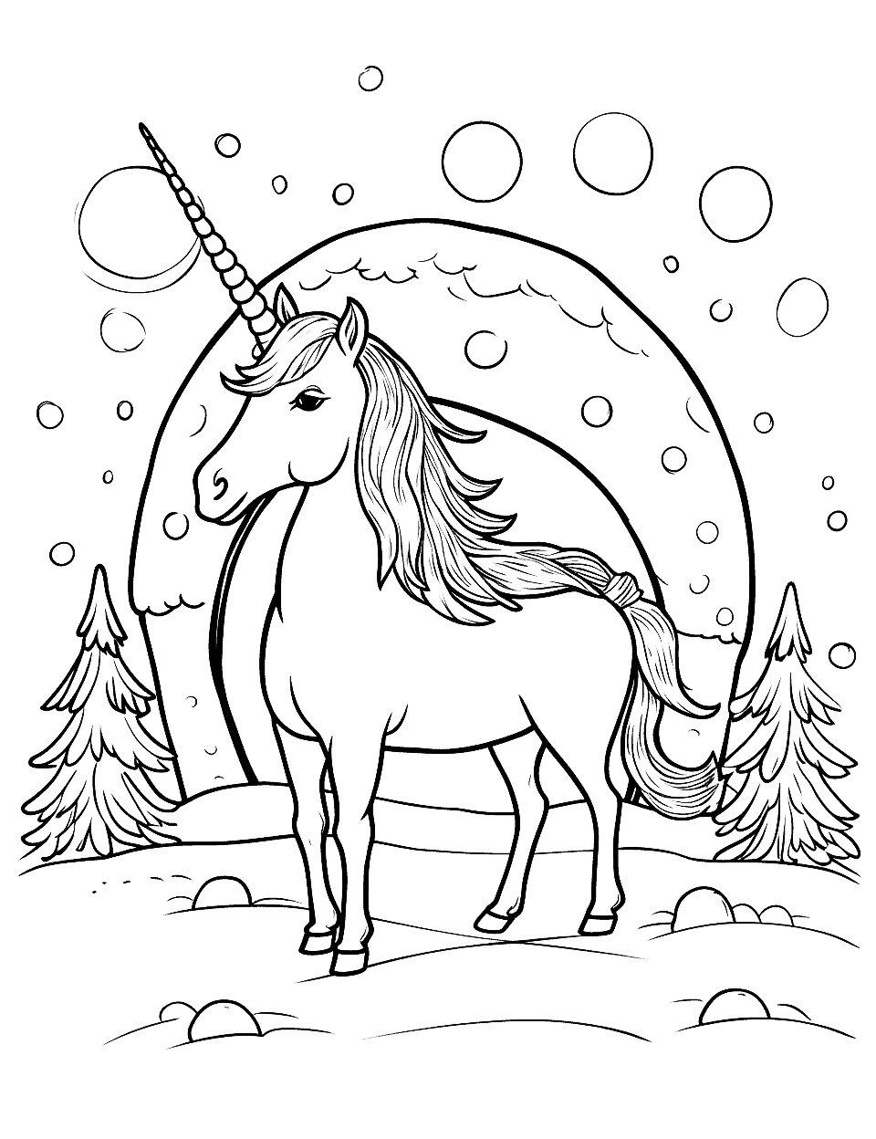 Unicorn in an Igloo Coloring Page - A unicorn in a snowy setting standing in front of an igloo.