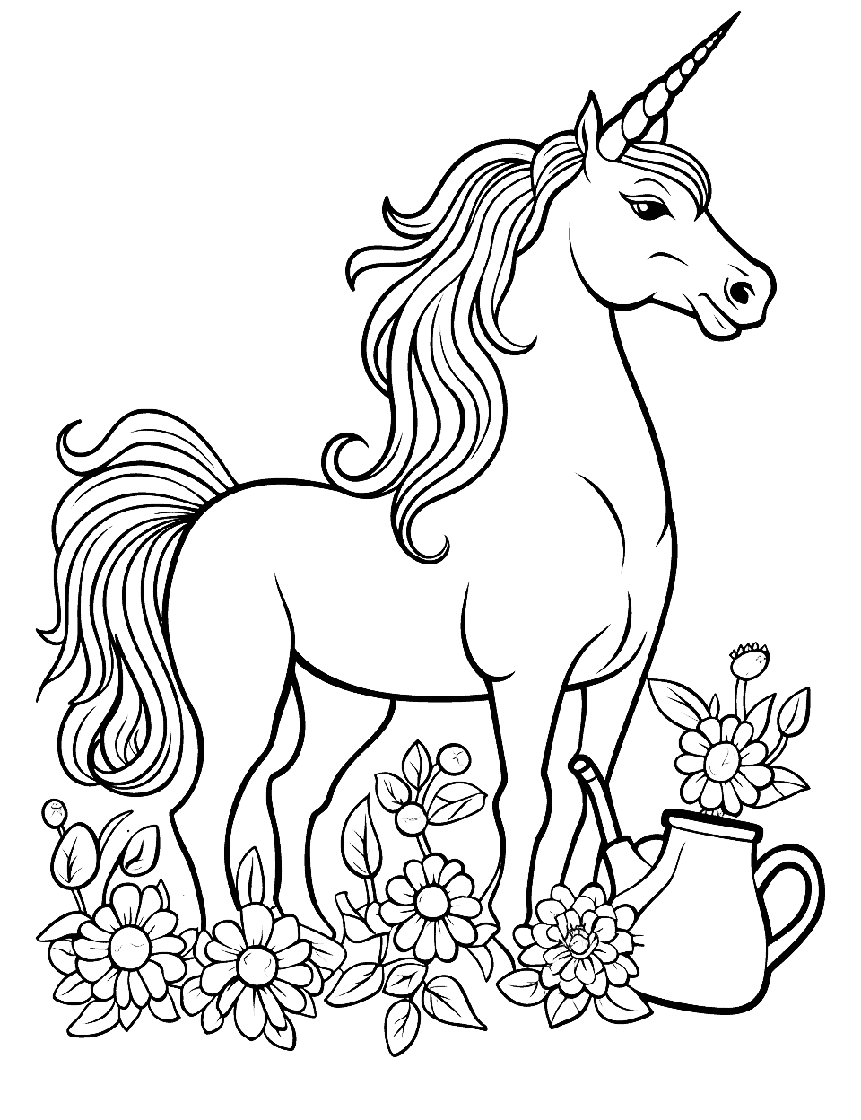 Unicorn Watering the Garden Coloring Page - A unicorn watering a flower garden with a variety of flowers and a vintage watering can.