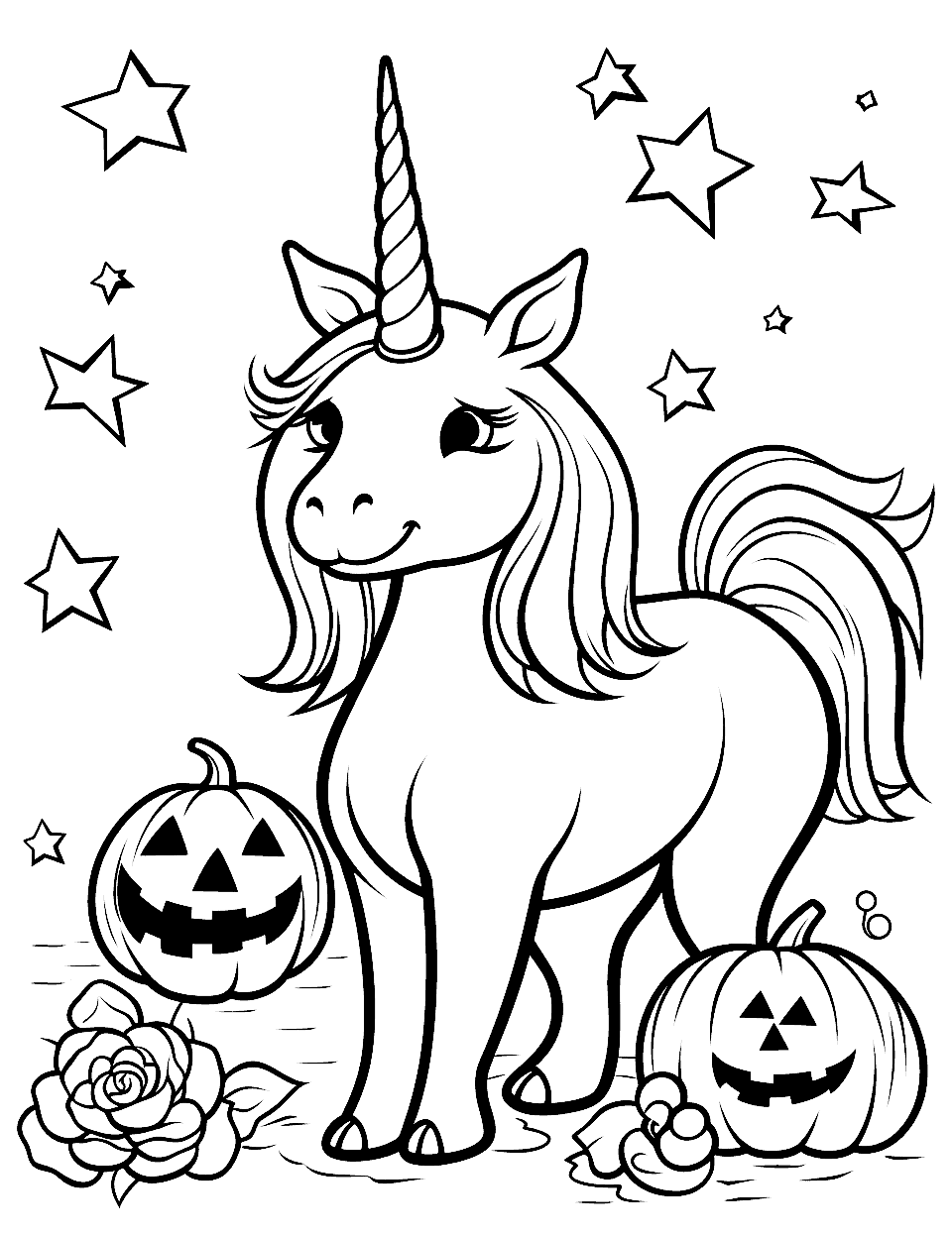 Unicorn Jack-o'-Lantern Coloring Page - A unicorn with jack-o’-lanterns and lots of stars.