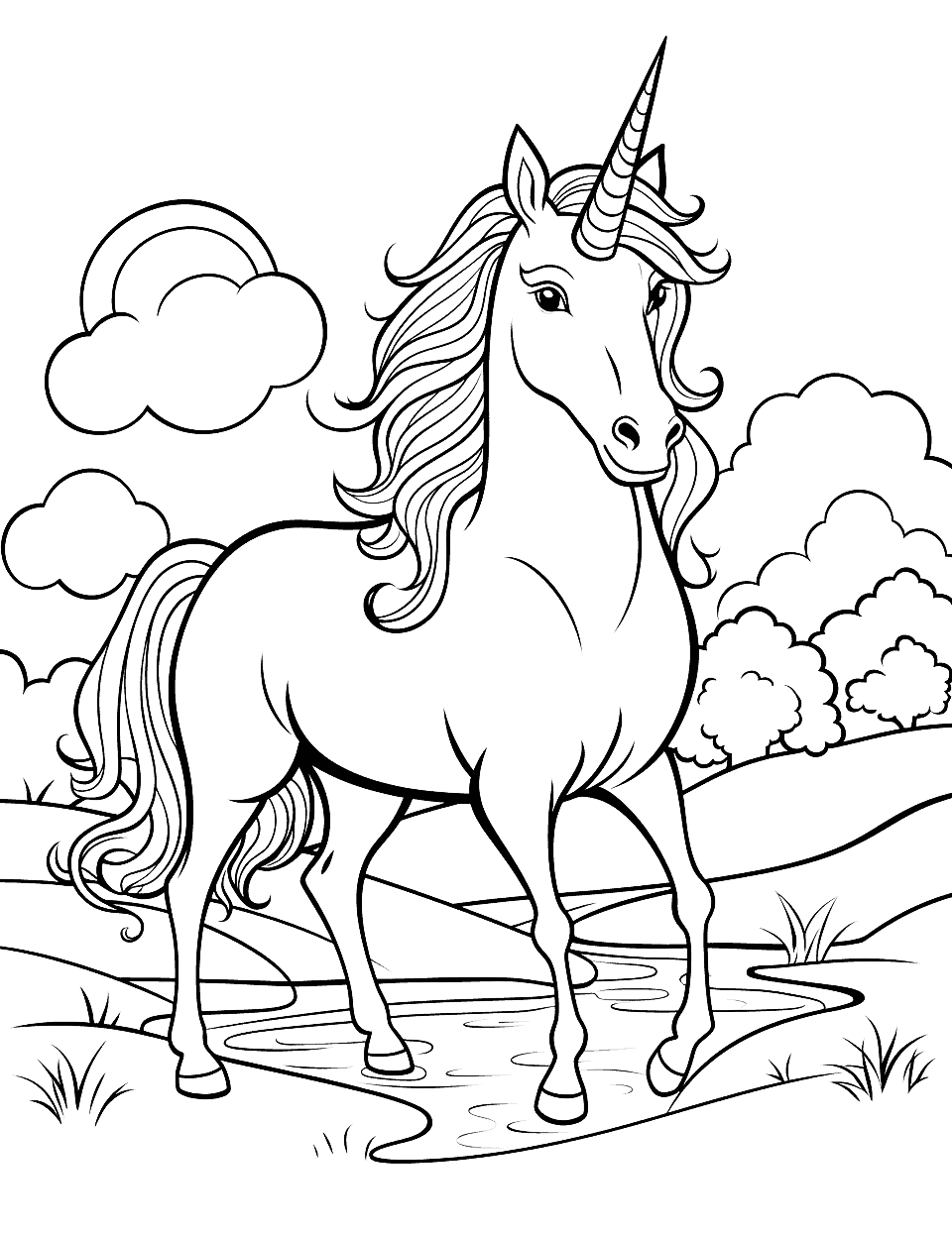 Beautiful Unicorn by the River Coloring Page - A beautiful unicorn by a pristine river, with an intricate landscape surrounding it.