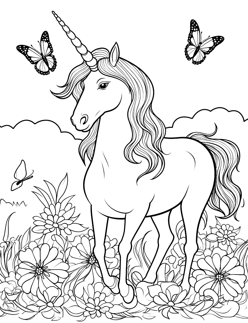 Unicorn and Monarch Butterflies Coloring Page - A unicorn in a field of flowers, surrounded by monarch butterflies migrating.
