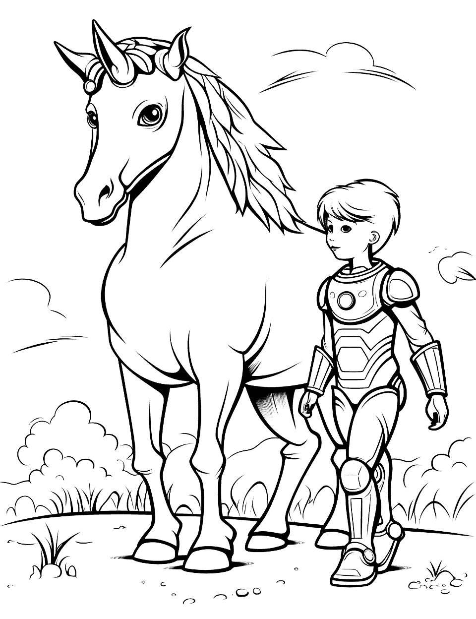Unicorn and Robot Coloring Page - A futuristic scene of a unicorn interacting with a friendly robot.