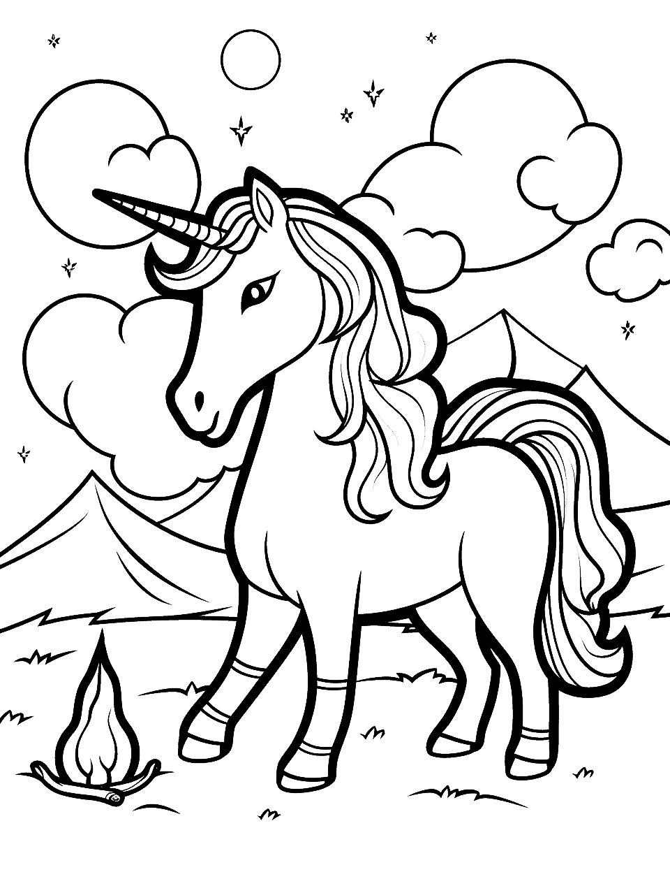 Unicorn Campfire Coloring Page - A unicorn standing around a campfire with a night sky and tents in the background.
