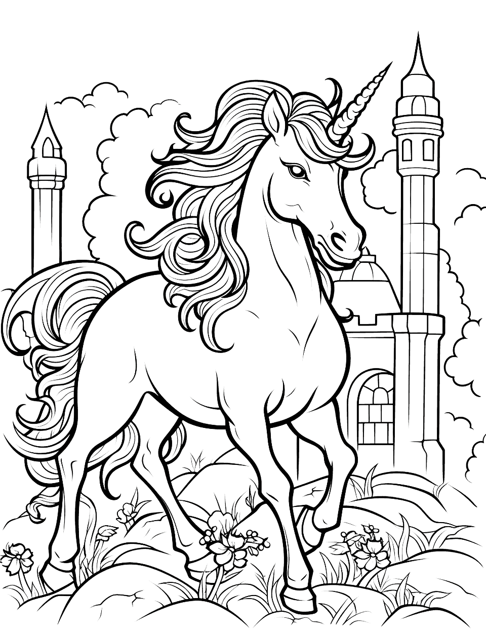 Unicorn and Ancient Ruins Coloring Page - An adventurous unicorn exploring ancient ruins with pillars and vines.