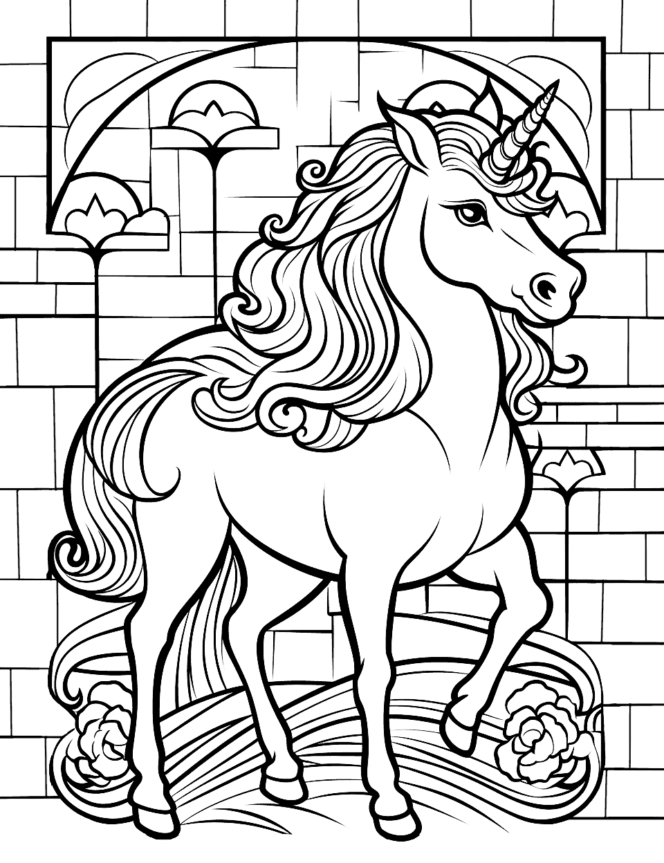 Unicorn Stained Glass Window Coloring Page - A unicorn standing next to a stained glass window with vibrant colors and intricate patterns.