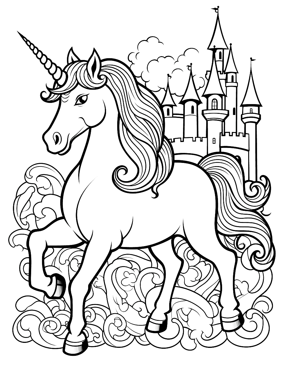 Unicorn Tapestry Coloring Page - A unicorn with a medieval tapestry, a castle, and other medieval motifs.
