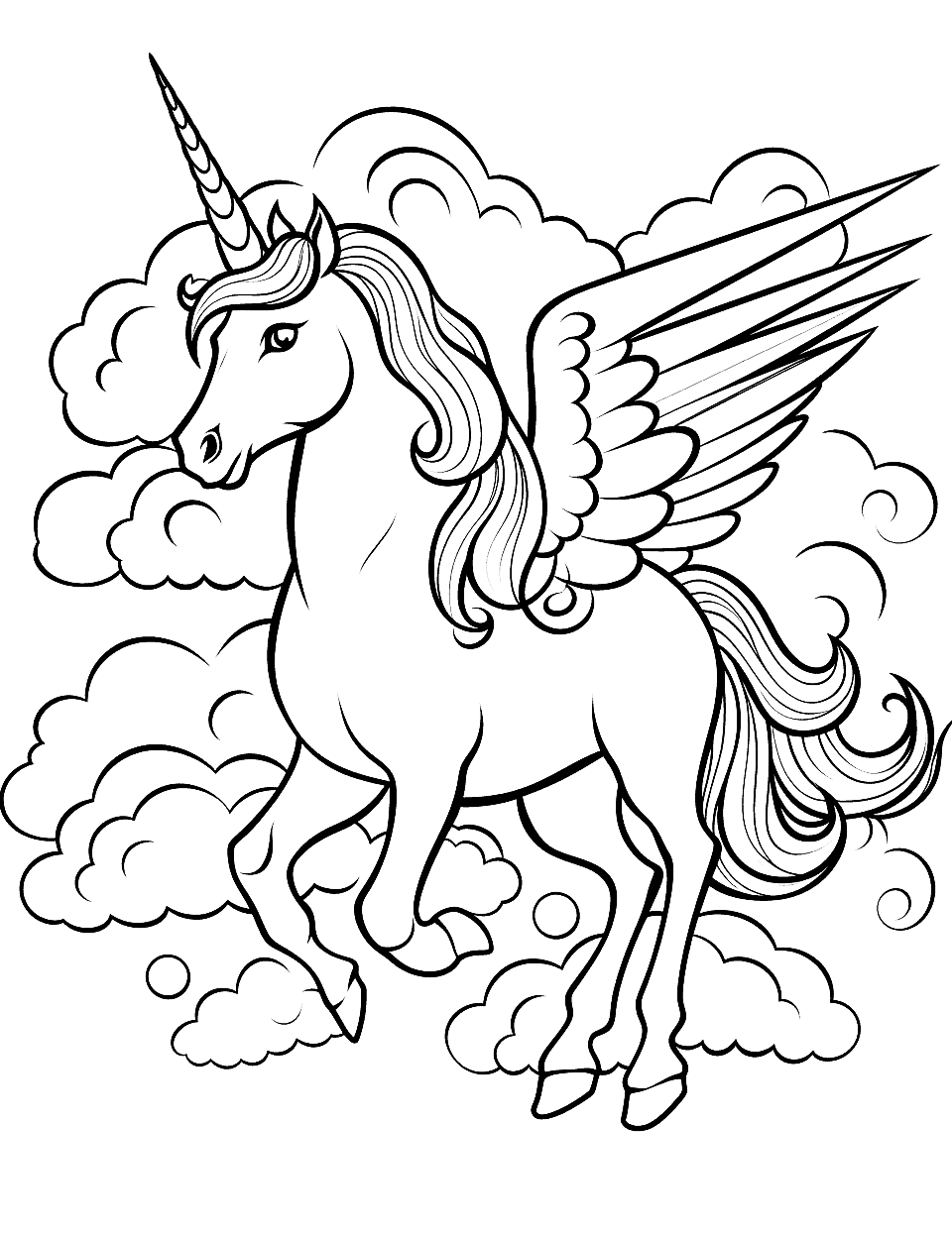 The Winged Unicorn Coloring Page - A spectacular winged unicorn (or Alicorn) soaring high in the sky among clouds.