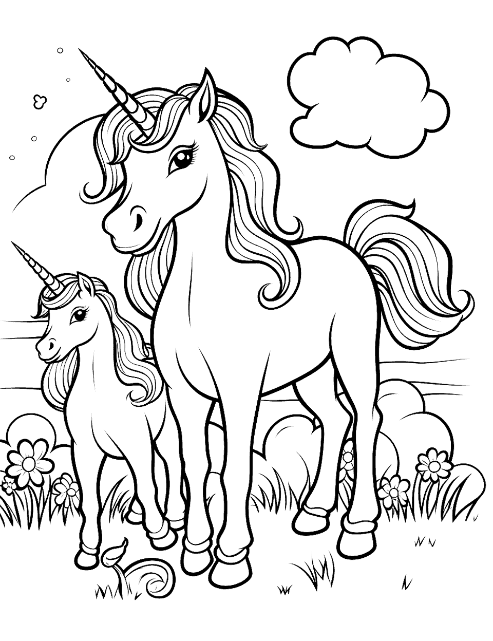 Adorable Unicorn Family Coloring Page - A coloring page featuring an adorable unicorn family, including a mother and her baby, in a cozy setting.