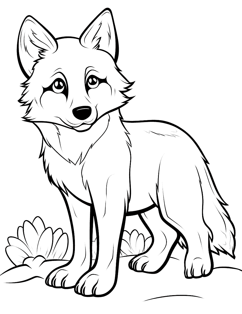Cute Wolf Cub Coloring Page - A young wolf with cute eyes looking playfully.