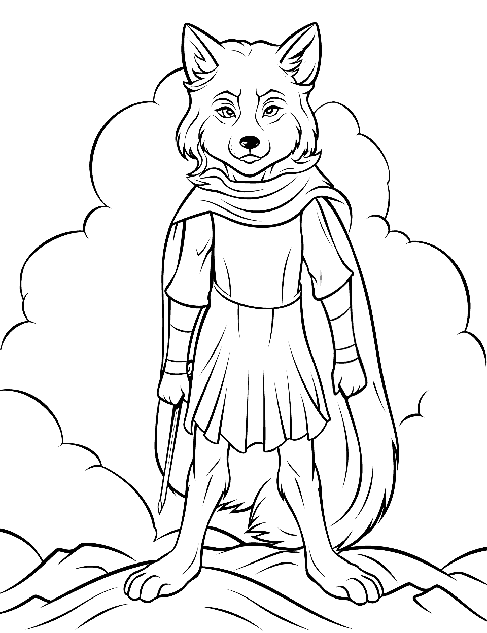 Wolf Girl Warrior Coloring Page - A girl with wolf ears and a tail standing atop a hill.