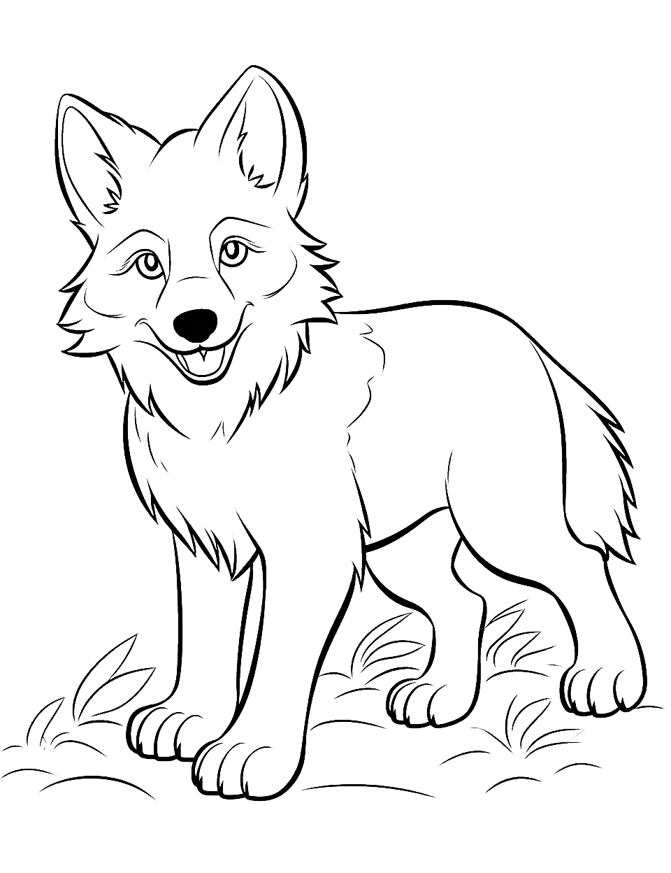 Playful Wolf Pup Coloring Page - A young wolf pup frolicking in a meadow.