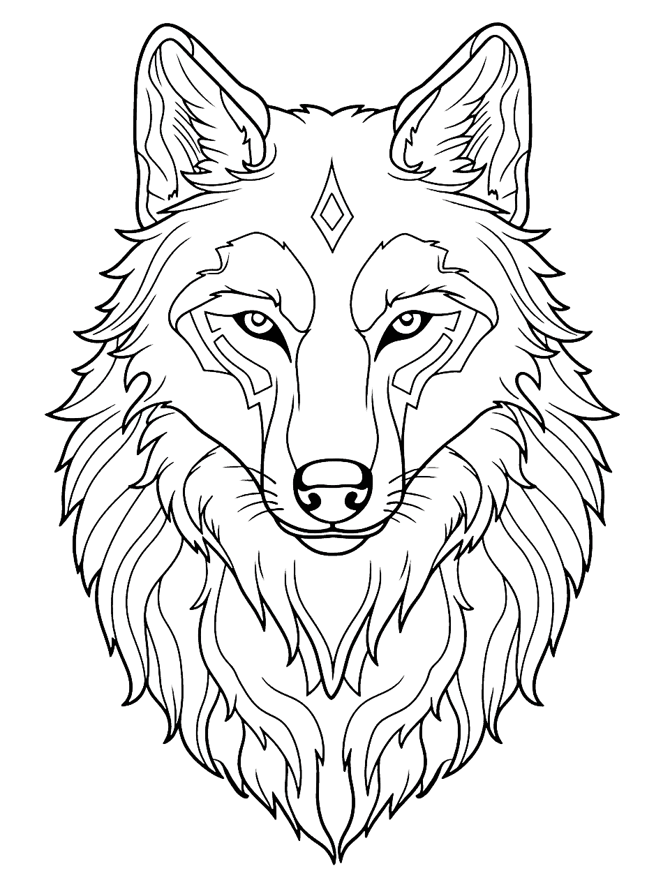 Majestic Wolf Head Coloring Page - Close-up of a wolf’s head, highlighting its piercing eyes and sharp features.
