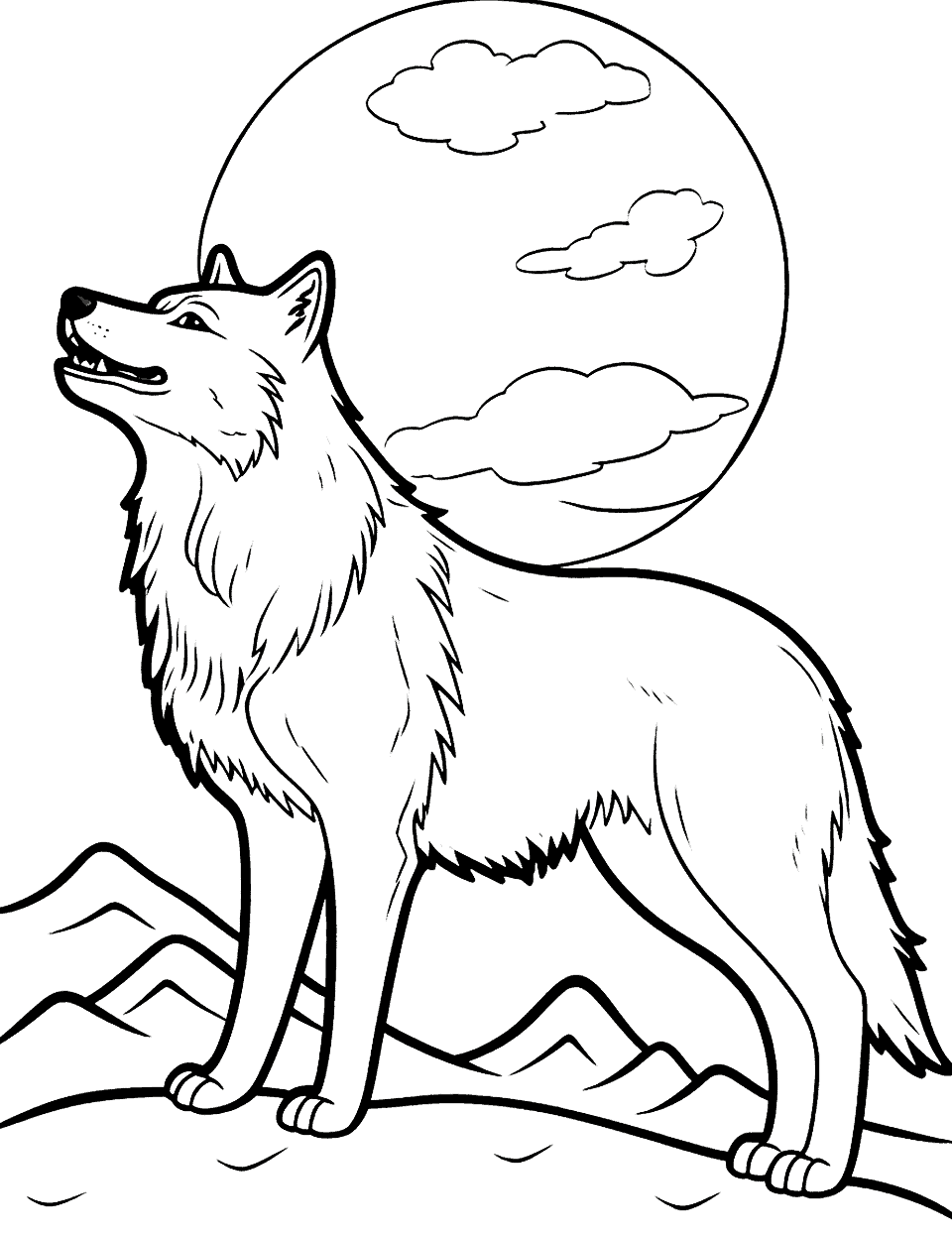 Wolf Howling Coloring Page - A lone wolf atop a hill, howling at night sky.