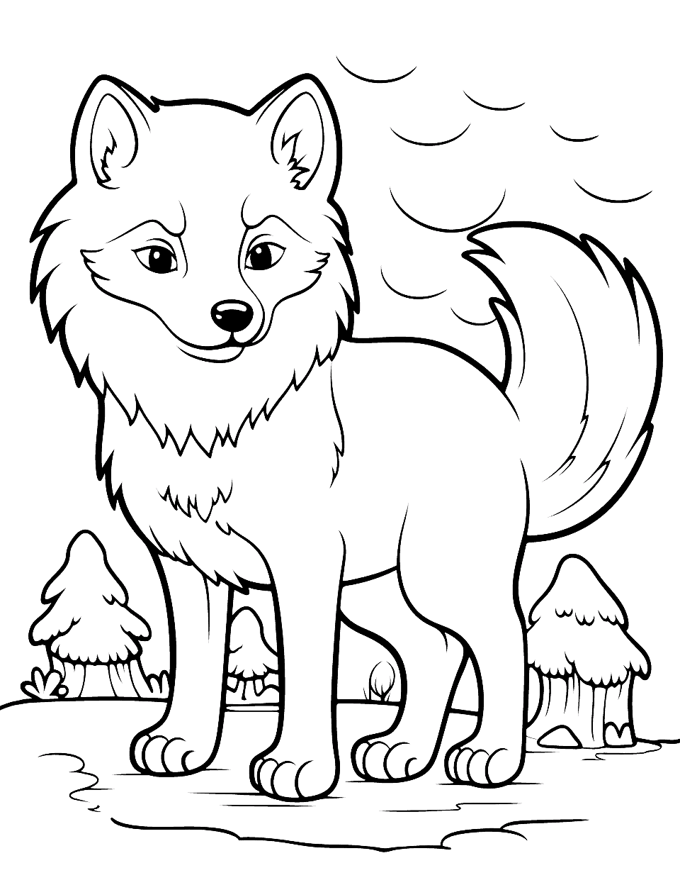 Chibi Wolf Adventures Coloring Page - A tiny chibi wolf exploring a big world.