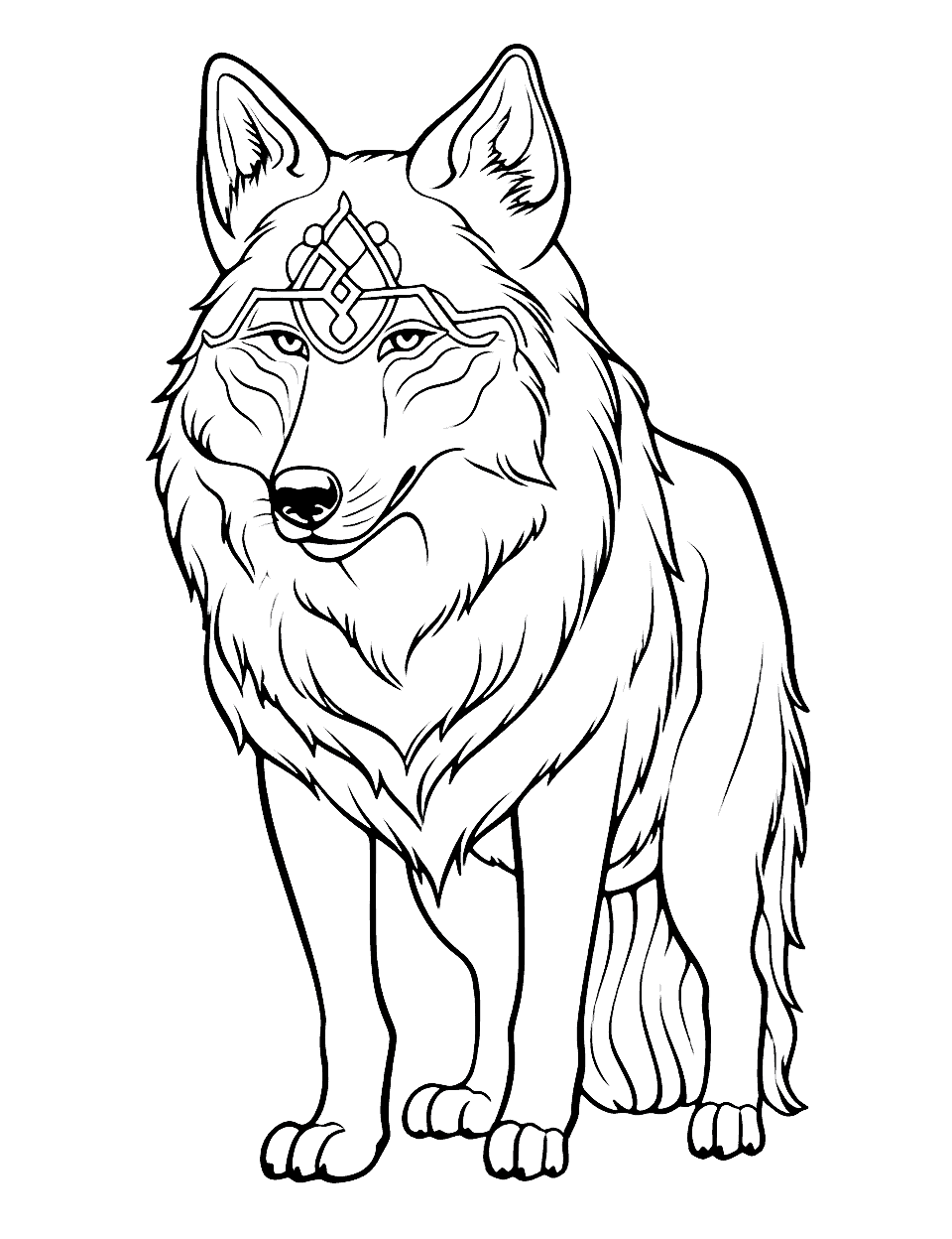 She Wolf Queen Coloring Page - A regal female wolf adorned with a crown surveying her forest kingdom.