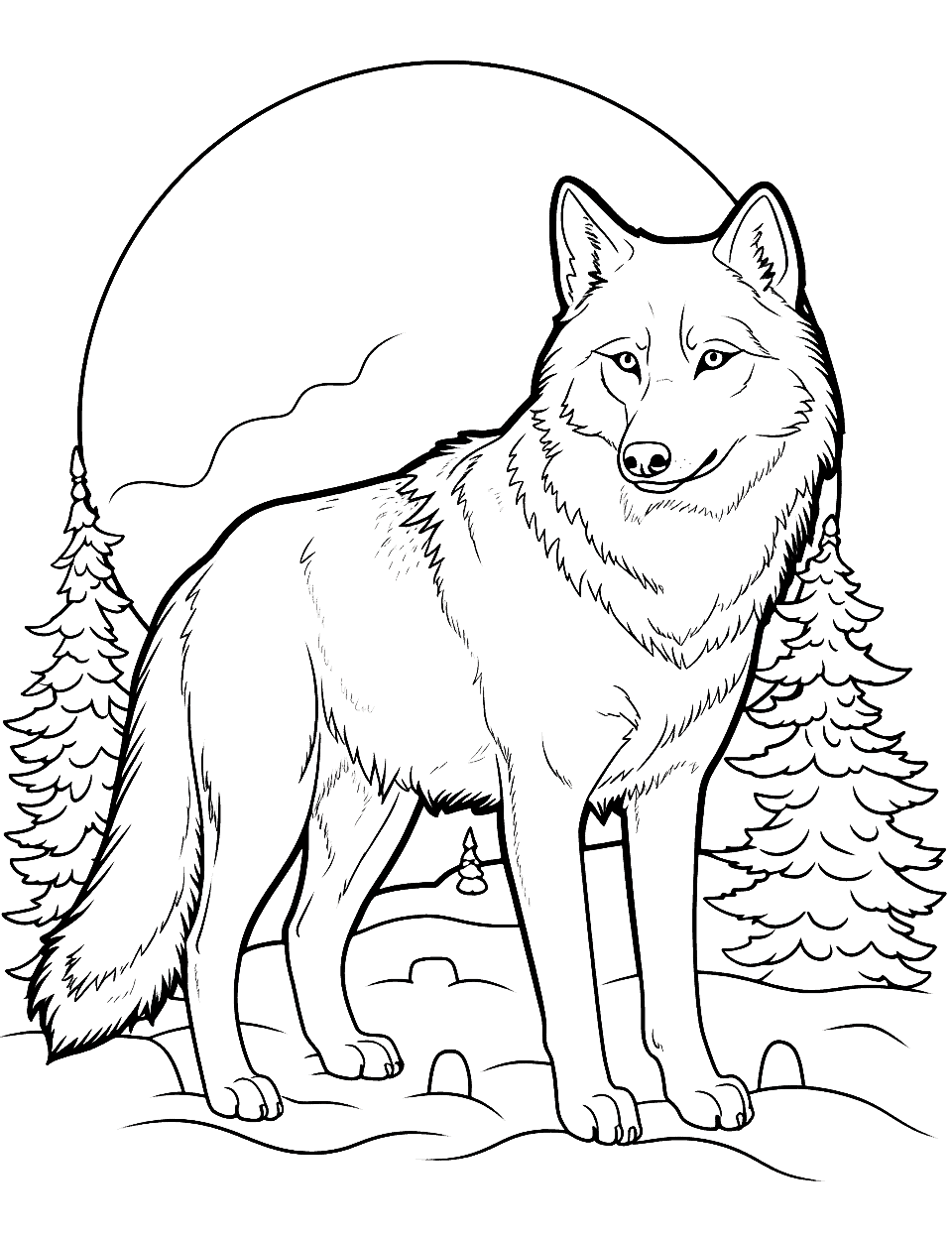 Snow Wolf Hunt Coloring Page - A wolf stalking its prey amidst a winter wonderland.