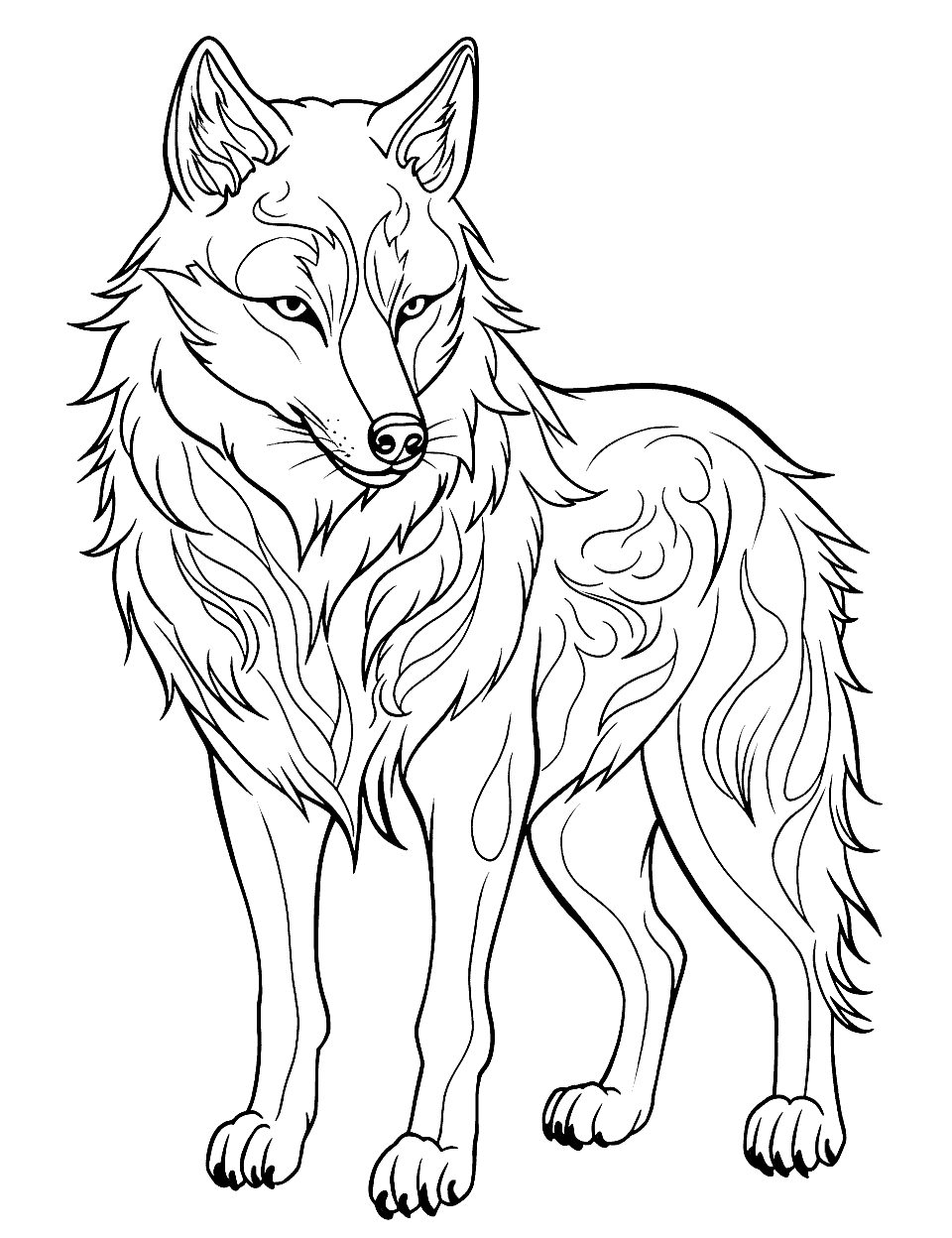 Firewolf Wolf Coloring Page - A wolf made entirely of flames, lighting up the night.