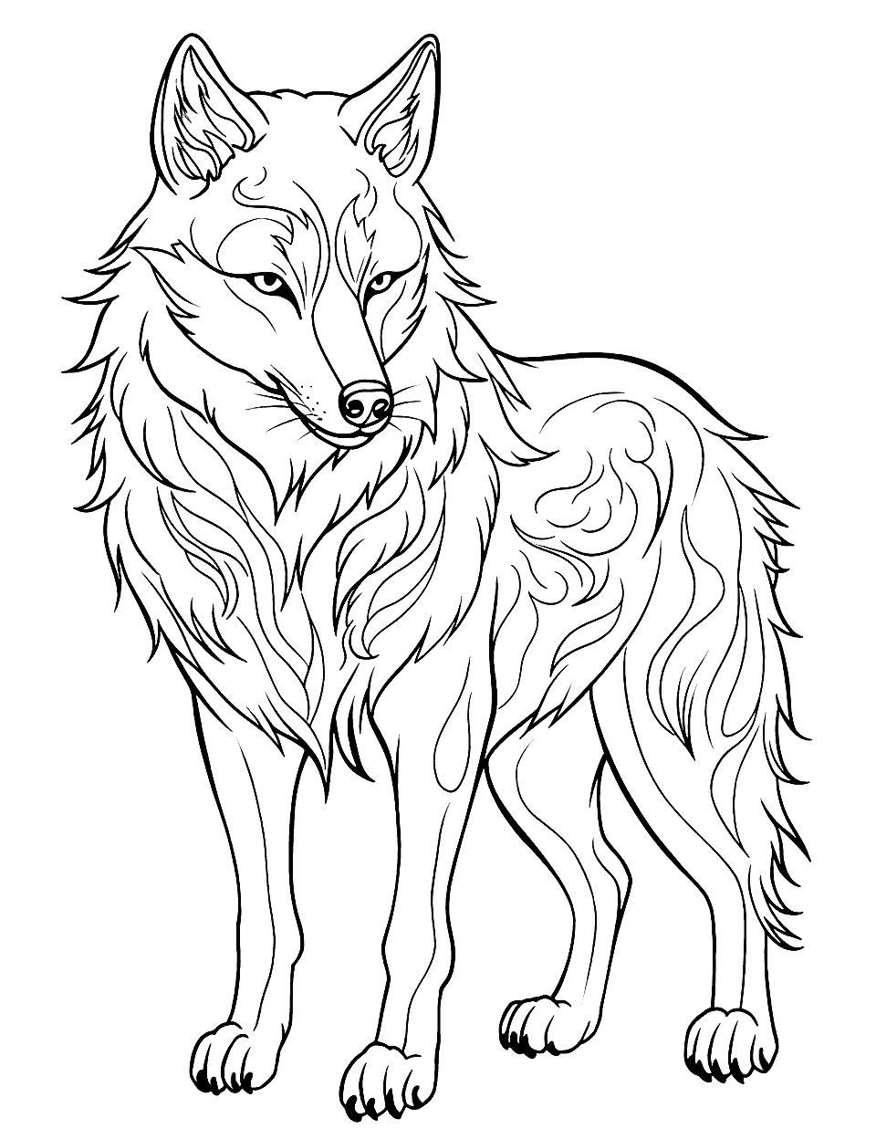 Firewolf Coloring Page - A wolf made entirely of flames, lighting up the night.