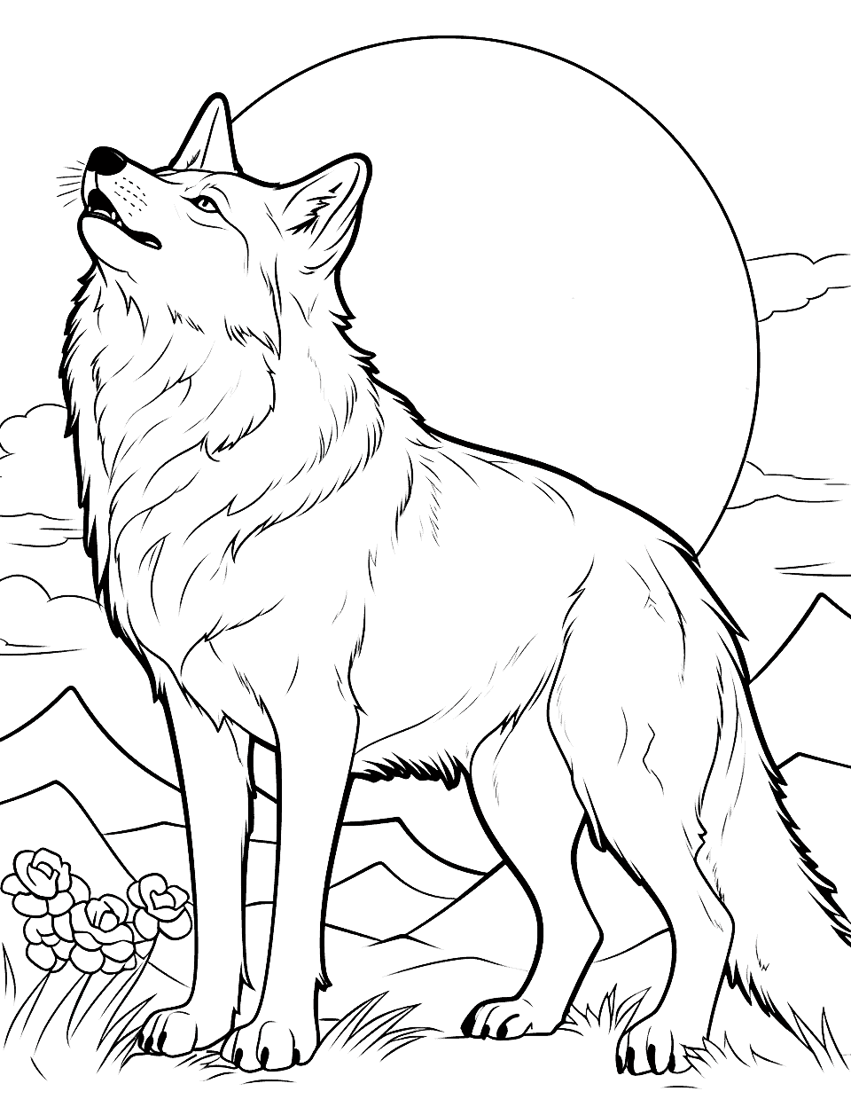 Female Wolf's Night Wolf Coloring Page - A beautiful she-wolf gazing up at the moon, her fur adorned with night flowers.