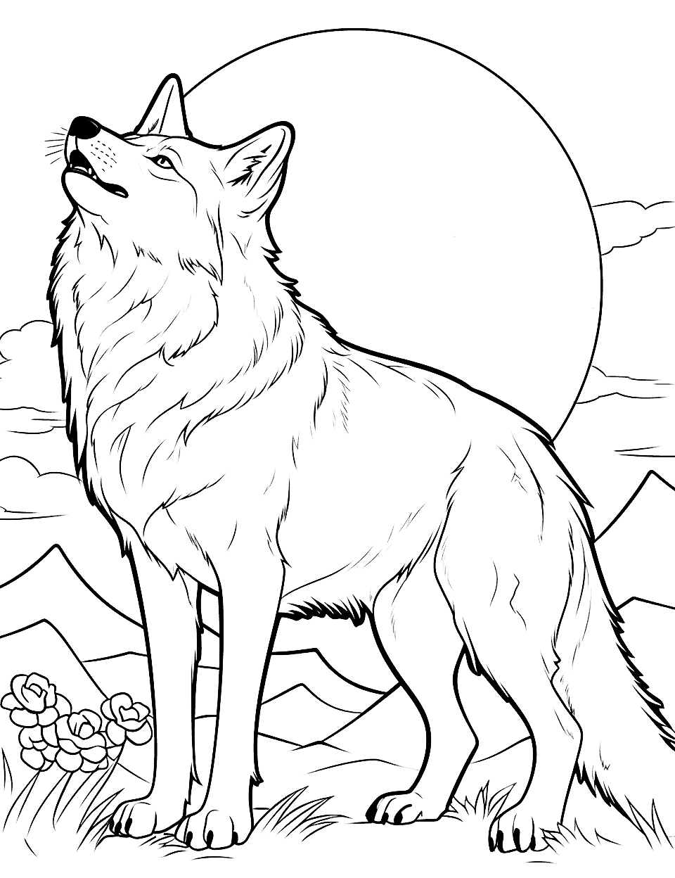 Female Wolf's Night Coloring Page - A beautiful she-wolf gazing up at the moon, her fur adorned with night flowers.