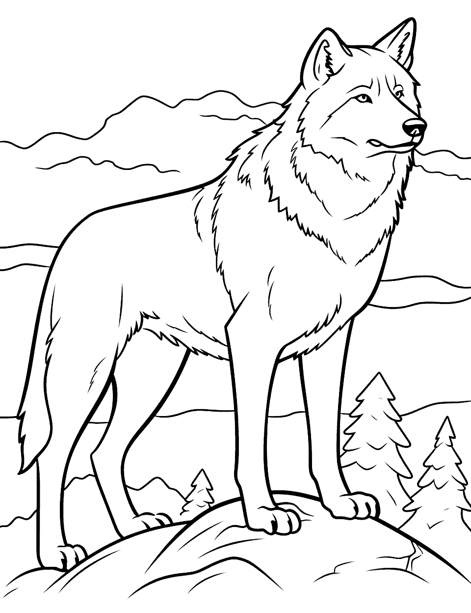 Mountain Wolf Coloring Page - A wolf standing on a mountain peak.