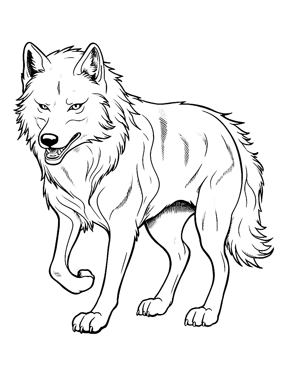 Desert Firewolf Wolf Coloring Page - A wolf made of sand and flames, sprinting.