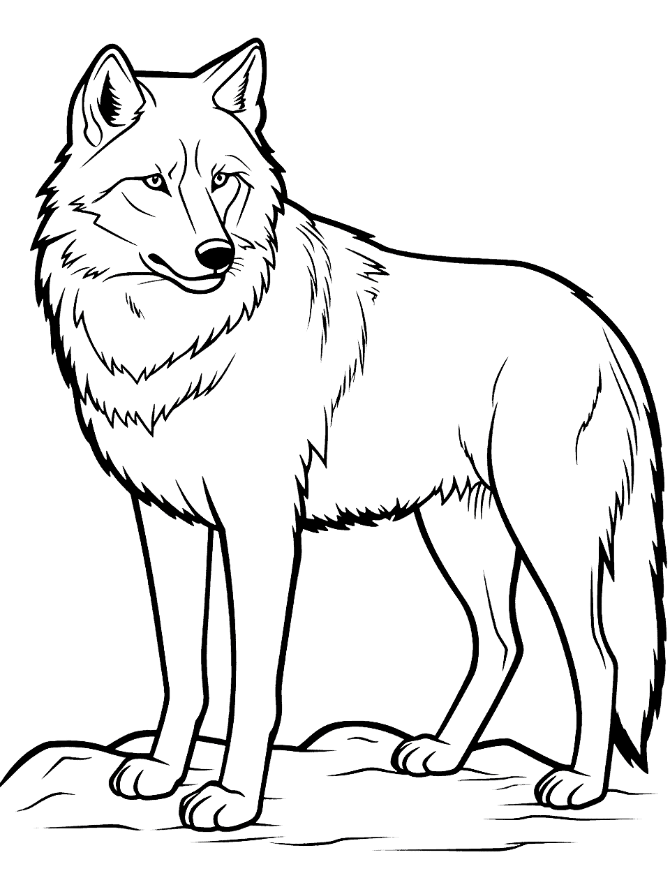 Realistic Gray Wolf Coloring Page - A detailed portrayal of a gray wolf in its natural habitat, with a focus on the fur and eyes.