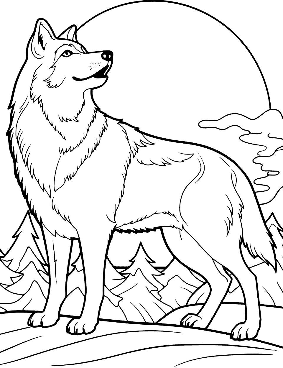 Wolf and the Aurora Borealis Coloring Page - A wolf howling beneath the shimmering colors of the Northern Lights.