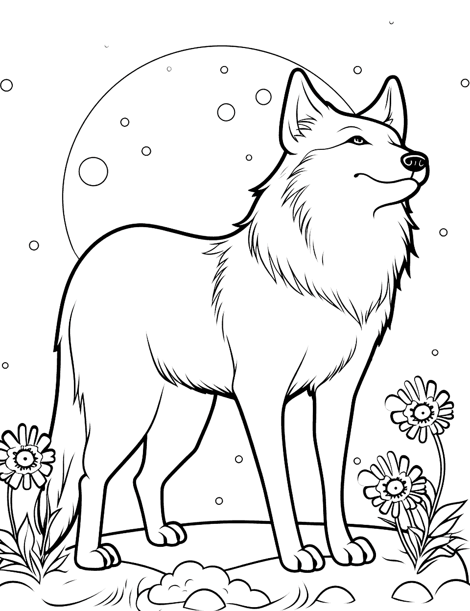 The Wolf and Moonflower Coloring Page - A wolf with glowing moonflower that blooms only at night.