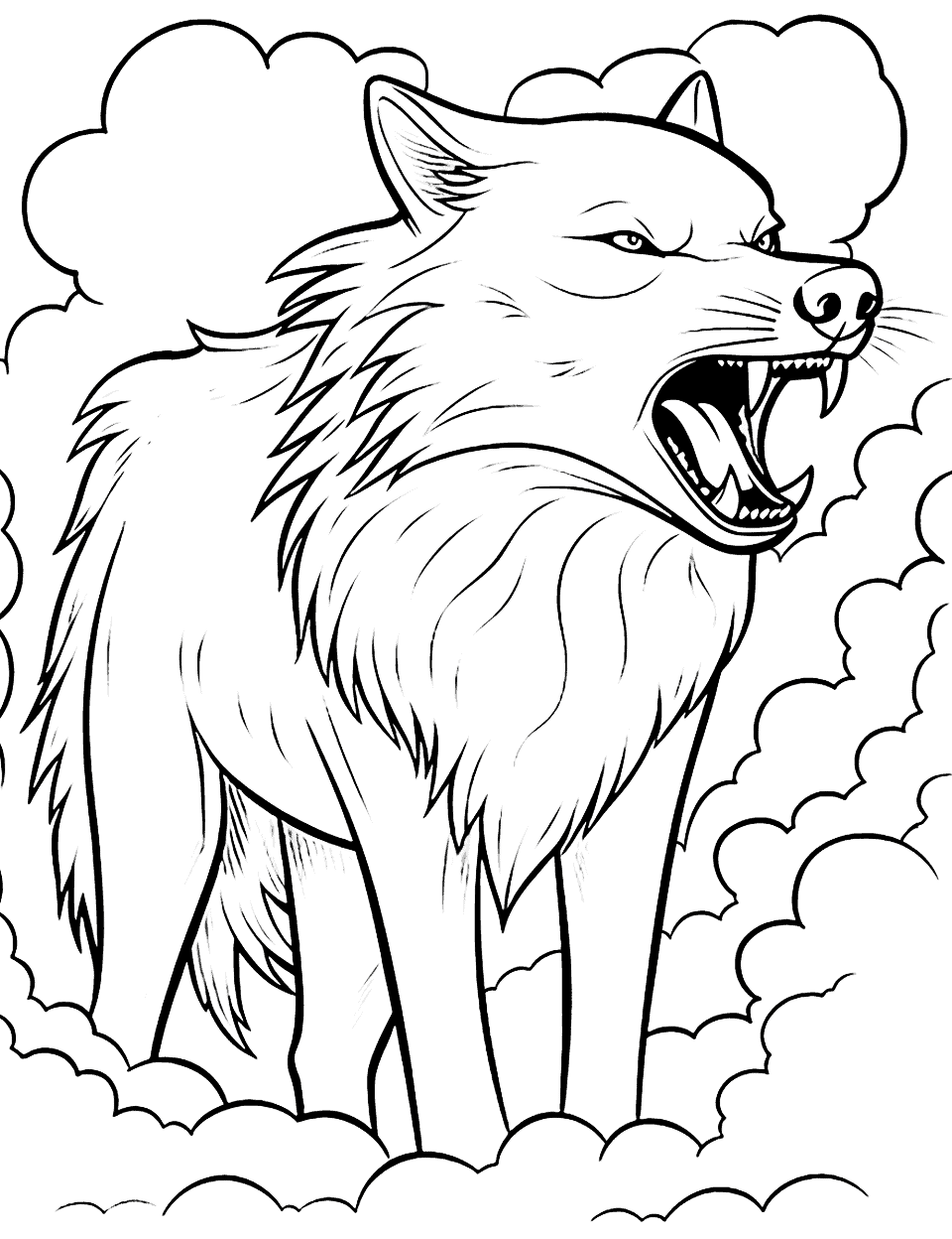 Angry Wolf and Thunderstorm Coloring Page - A wolf growling, echoing in a stormy sky.