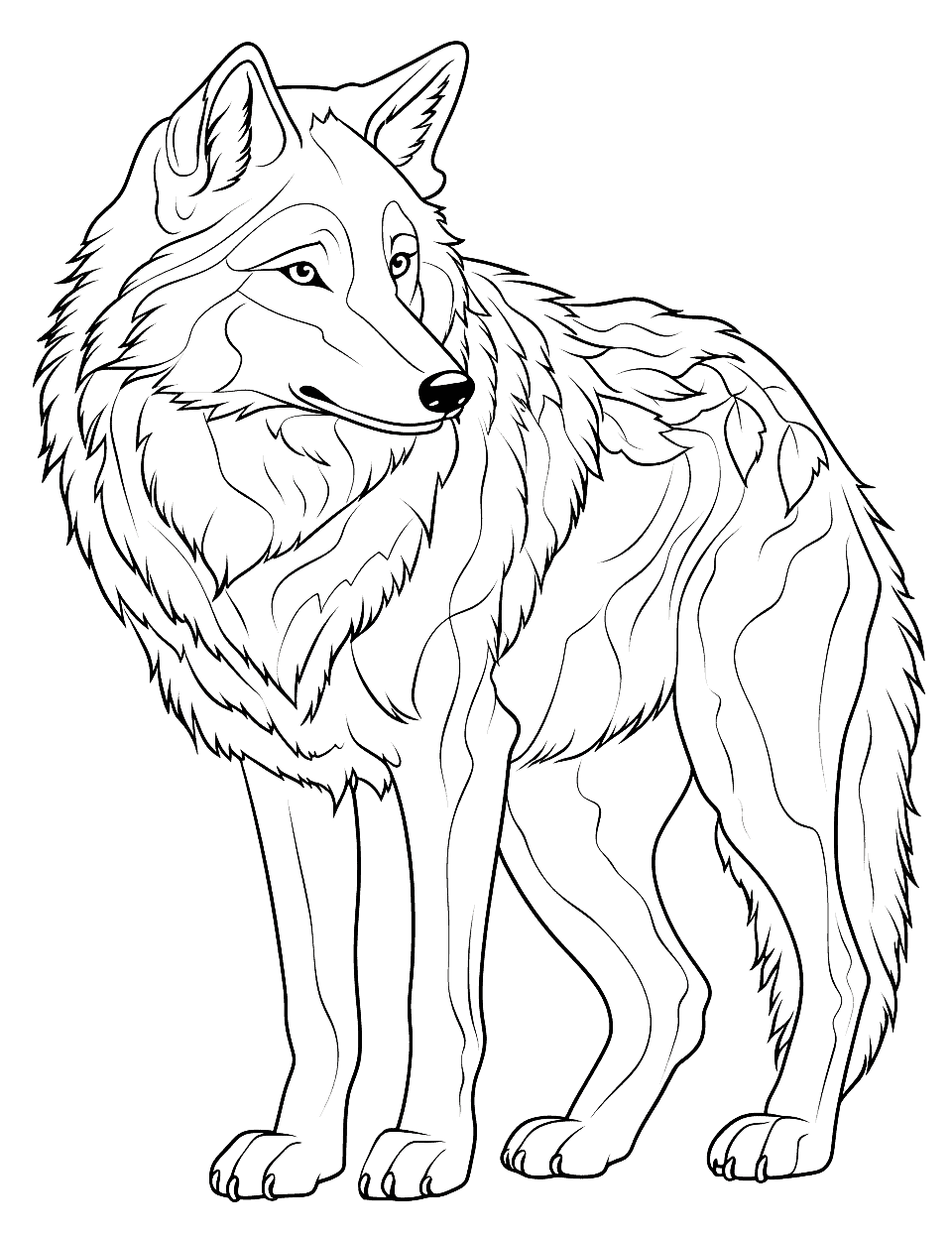 Rainforest Wolf Coloring Page - A wolf with vibrant colors and patterns, reminiscent of rainforest flora and fauna.
