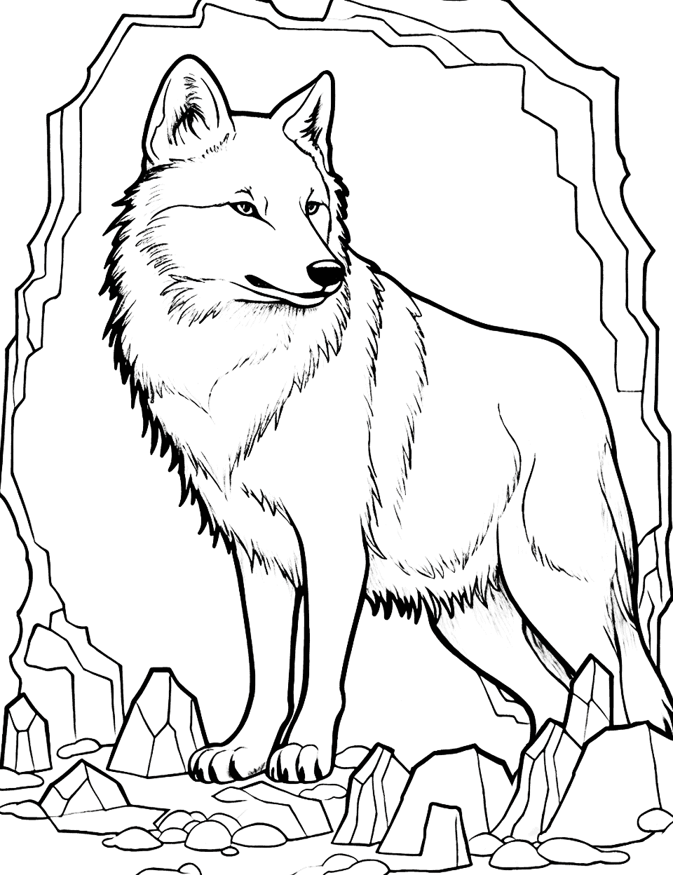 Wolf and Crystal Cave Coloring Page - A wolf discovering a cave filled with glistening crystals and gems.