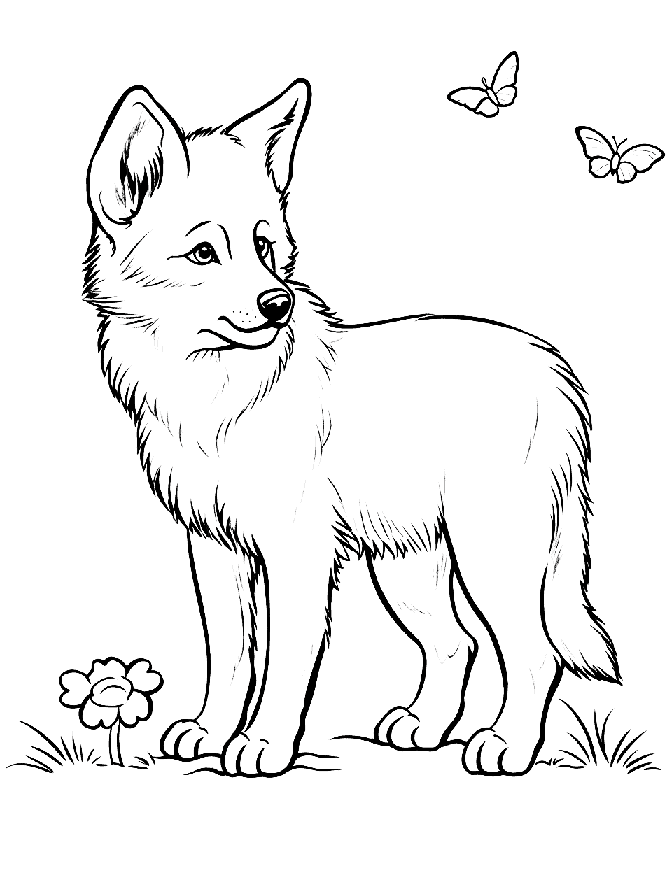 Wolf Pup and Butterfly Coloring Page - A young pup curiously looking at a butterfly.