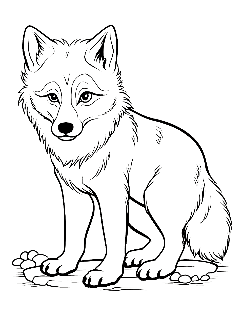 Baby Wolf Sitting Coloring Page - A small baby wolf curiously sitting.