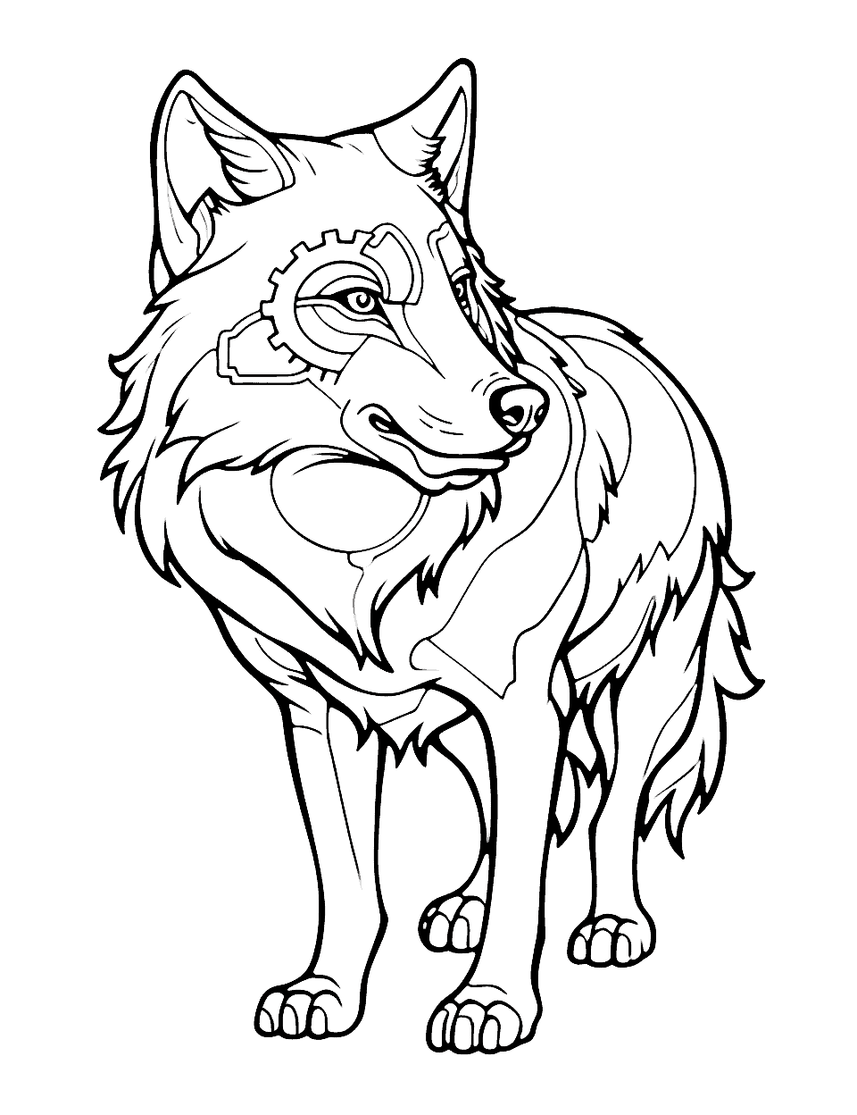 Steampunk Wolf Coloring Page - A mechanical wolf with gears, cogs.
