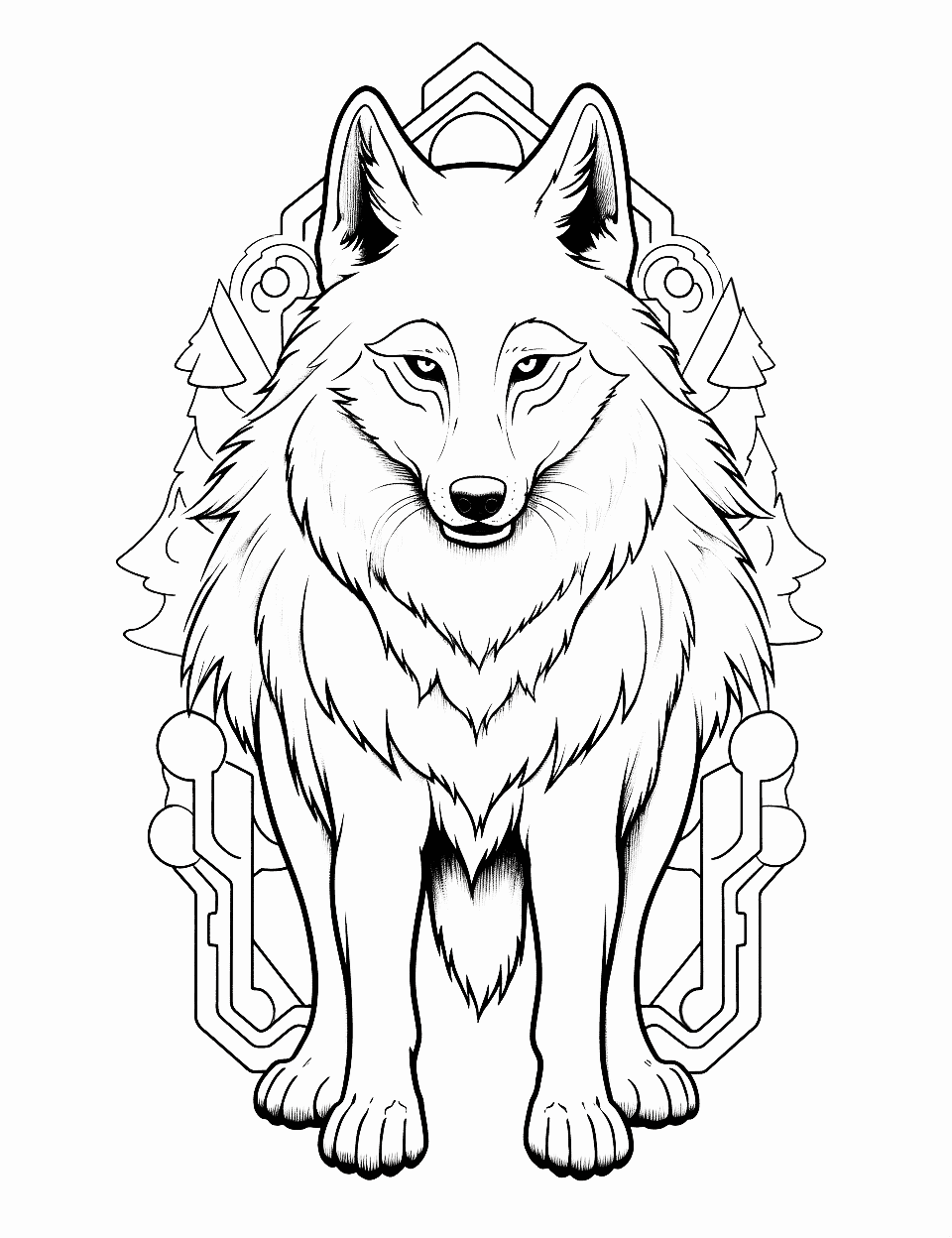 She-Wolf Shaman Wolf Coloring Page - A female wolf surrounded by mystical symbols, invoking ancient spirits.