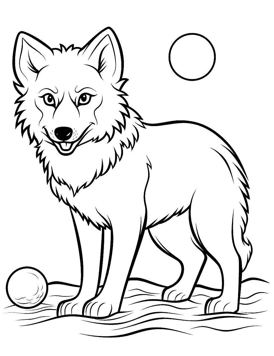 Wolf's Beach Day Wolf Coloring Page - A wolf pup playing with a beach ball on a sunny day.