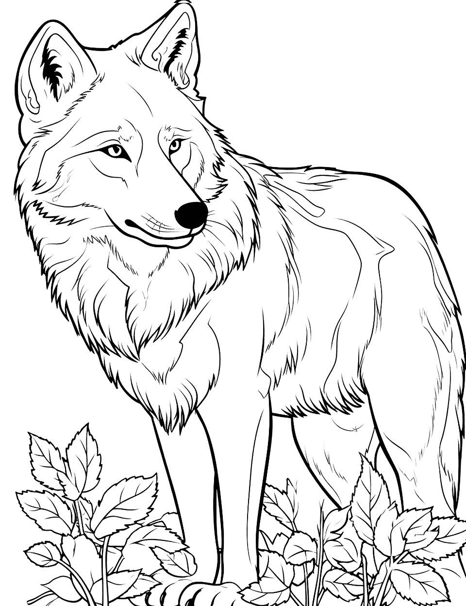 Autumn Wolf Coloring Page - A wolf with fur blending in with fall foliage.