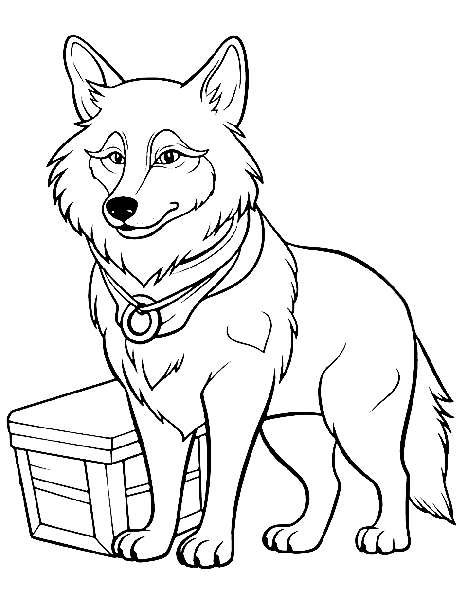 Pirate Wolf Coloring Page - A pirate wolf guarding a treasure chest.