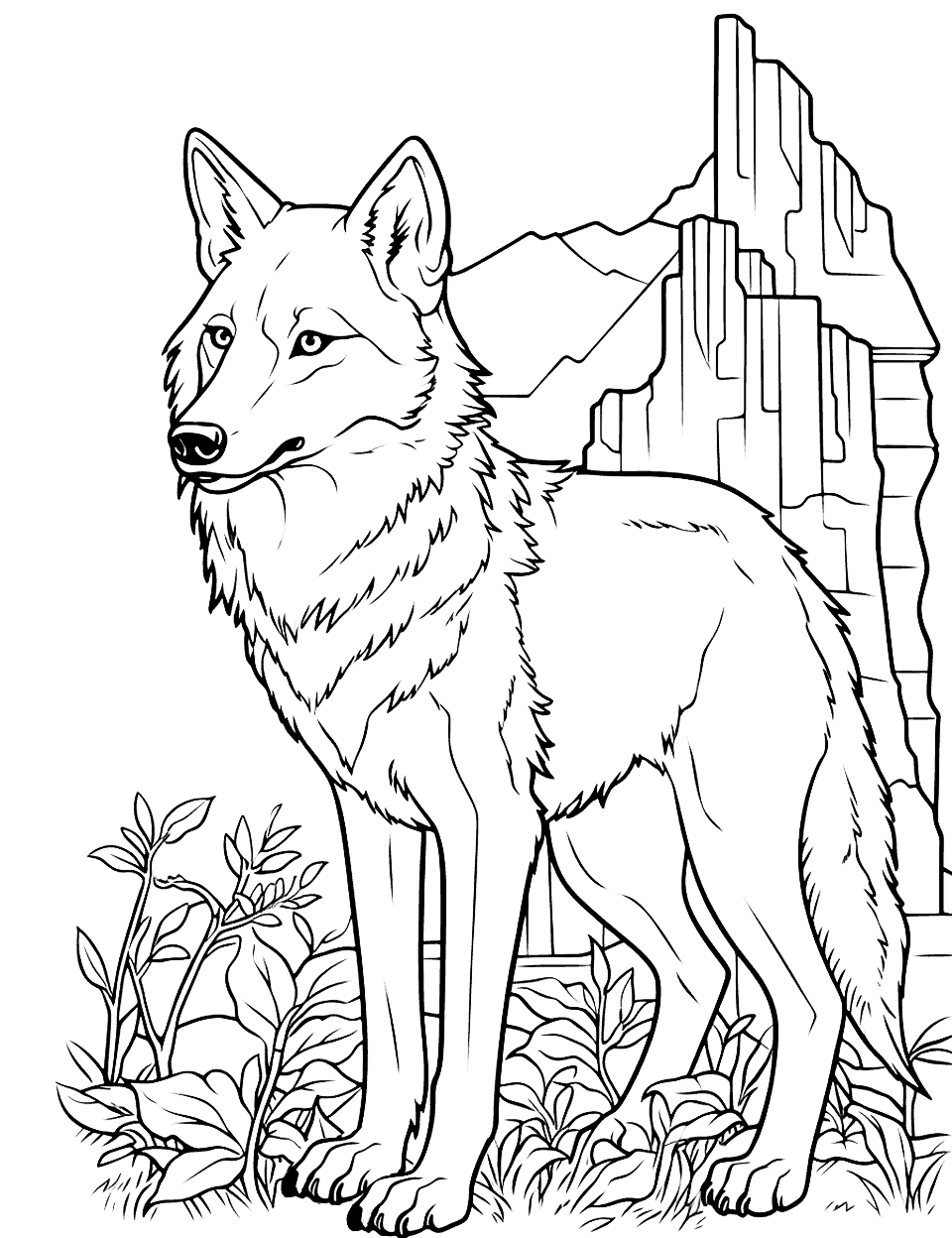 Wolf and the Lost City Coloring Page - A wolf discovering ancient ruins overgrown with vines and moss.