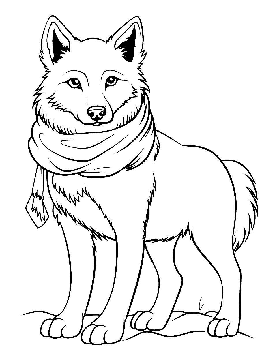 Wolf in a Winter Scarf Coloring Page - A cute wolf wrapped up warmly in a winter scarf.