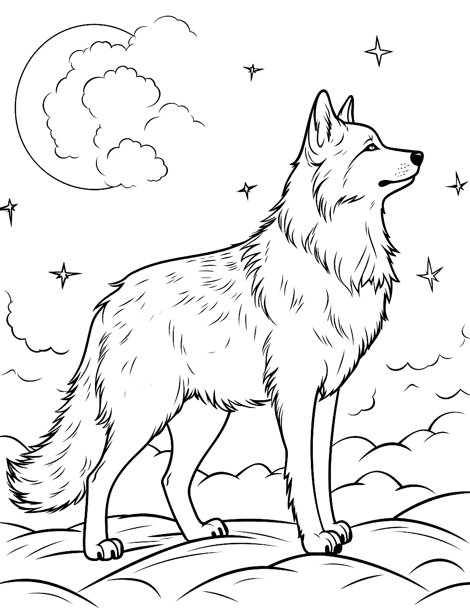 Elder Wolf and Stars Coloring Page - An older, wise wolf gazing at a sky full of shooting stars.